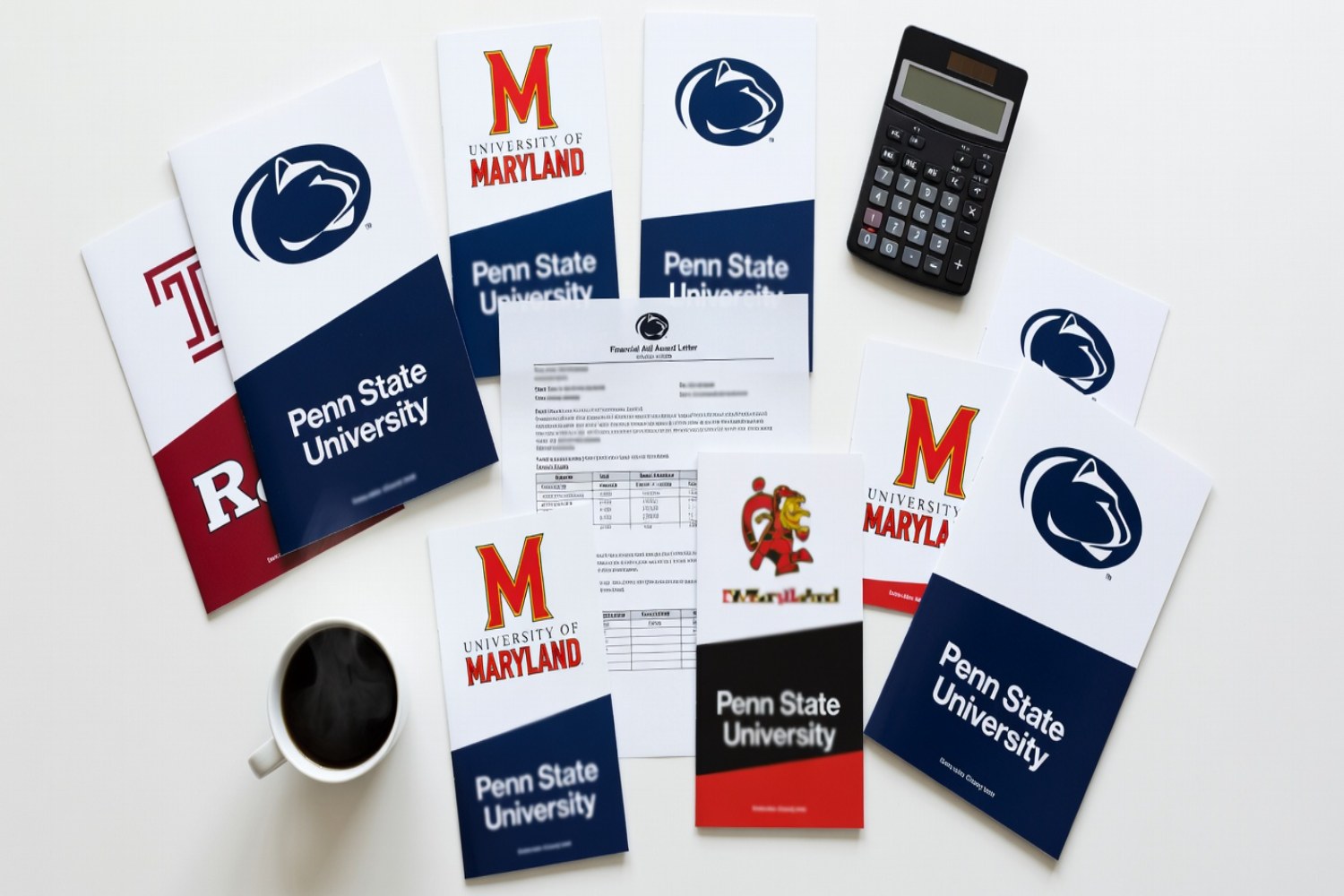 Mid-Atlantic university pamphlets and financial aid letter arranged with calculator and coffee on white desk