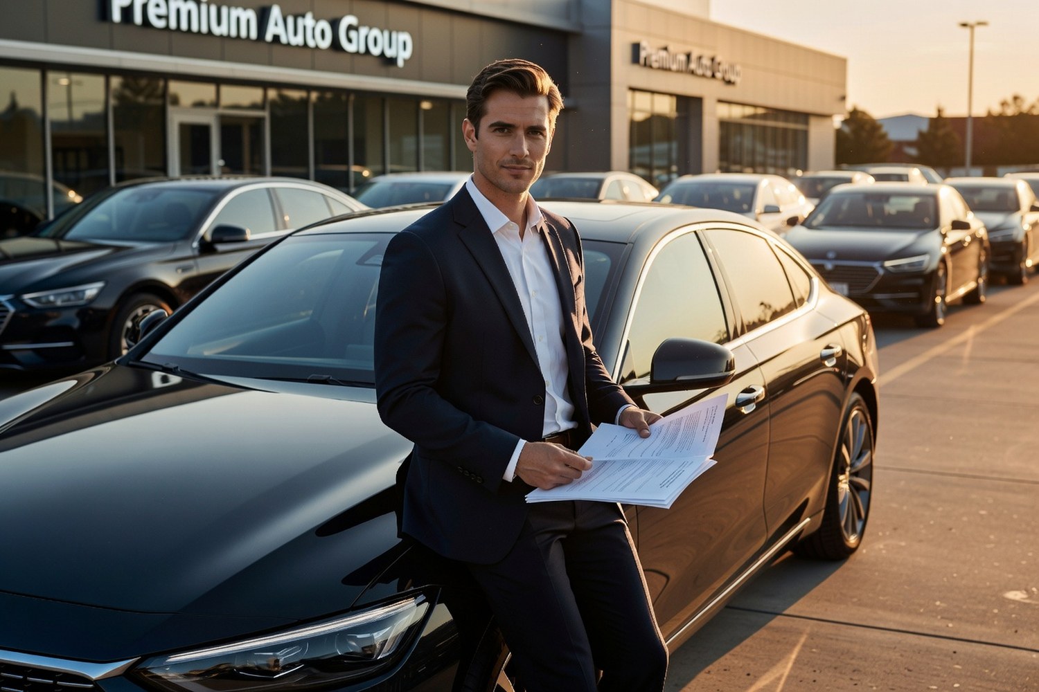 Person reviewing car purchase paperwork next to new vehicle at dealership