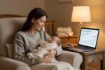 Parent holding newborn while reviewing savings account on laptop