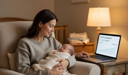 Parent holding newborn while reviewing savings account on laptop