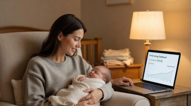 Parent holding newborn while reviewing savings account on laptop