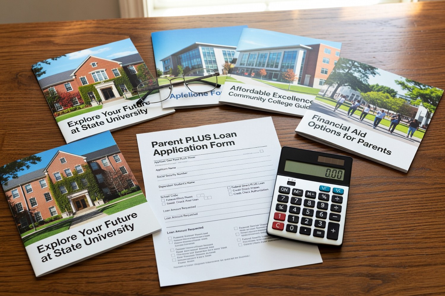 Parent PLUS loan application form with calculator and college brochures