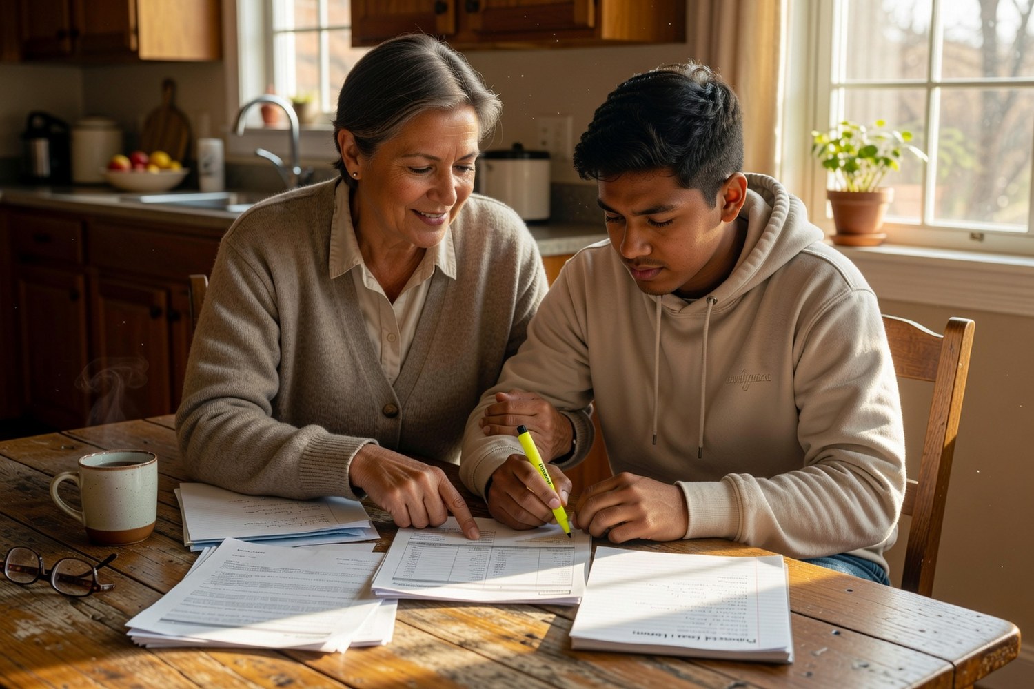 Parent and college student reviewing federal education loan documents together