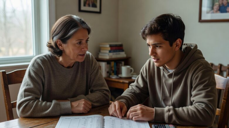 parents having money talk with college student before move-in