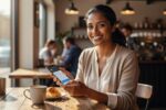 Woman making early credit card payment on phone at coffee shop