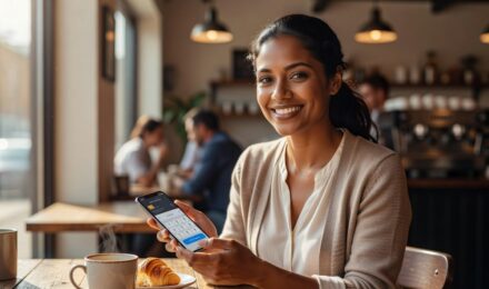 Woman making early credit card payment on phone at coffee shop