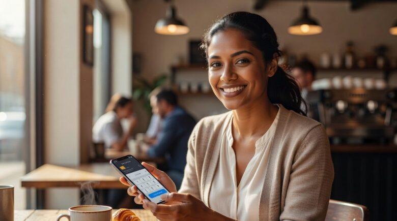 Woman making early credit card payment on phone at coffee shop
