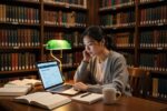 College student researching federal Perkins loan information in library