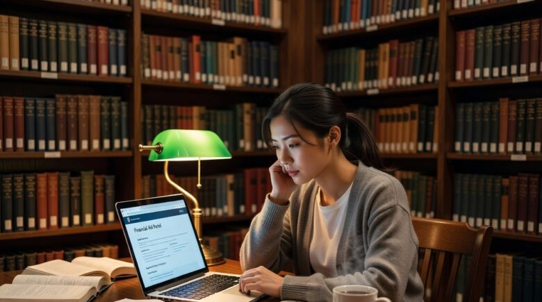 College student researching federal Perkins loan information in library