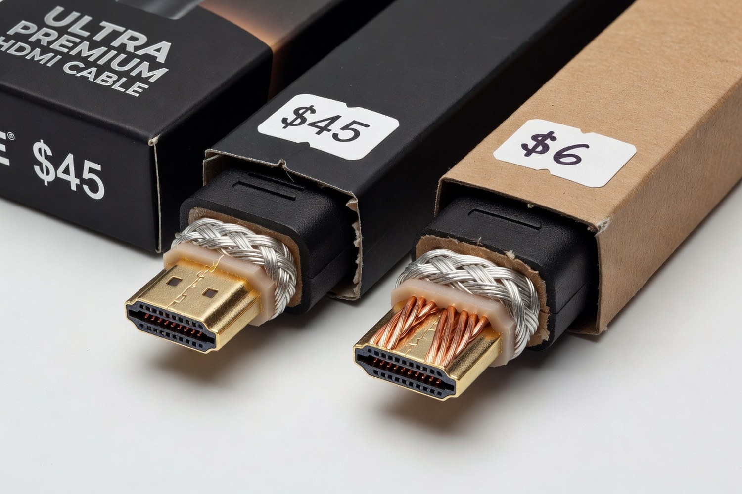Premium $45 HDMI cable next to $6 cable with identical copper wiring visible inside both