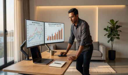 South Asian man reviewing producer price index and inflation charts on dual monitors at modern home office