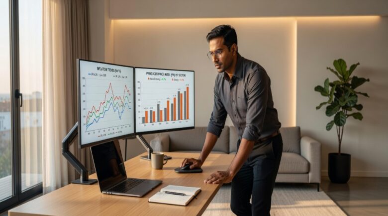 South Asian man reviewing producer price index and inflation charts on dual monitors at modern home office