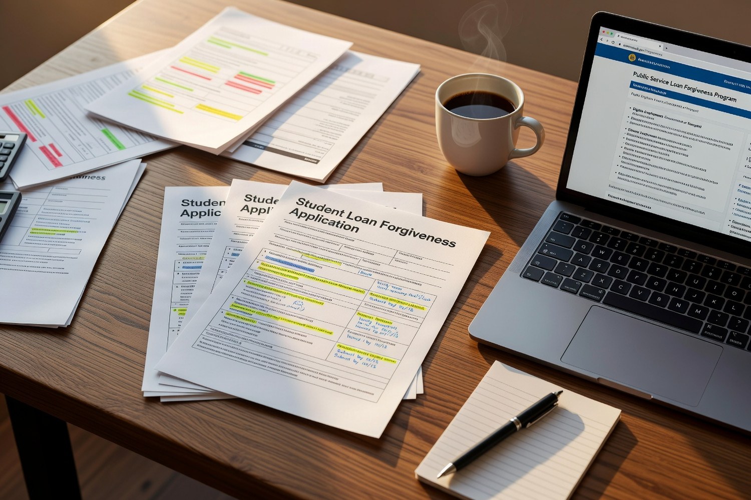 Student loan forgiveness application paperwork and documents on desk for PSLF program review