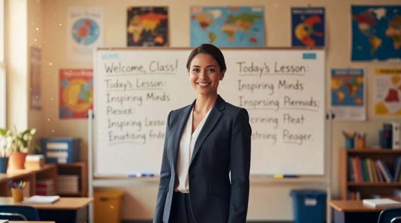 Teacher standing in classroom representing public service workers who qualify for PSLF student loan forgiveness