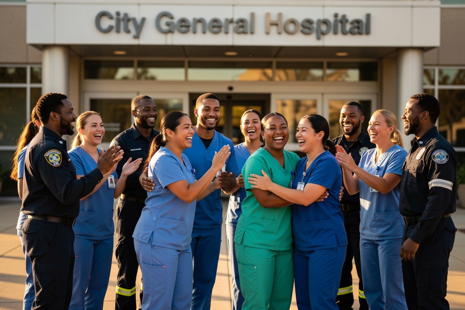 Public service workers including nurses and first responders celebrating student loan debt relief through PSLF