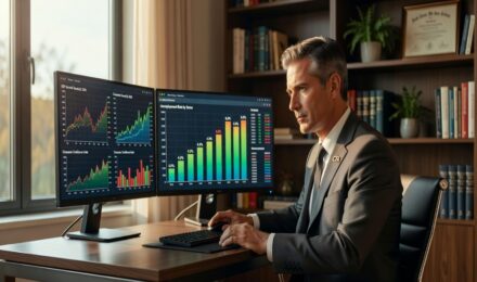 Professional investor studying economic indicator charts on dual monitors at modern home office desk