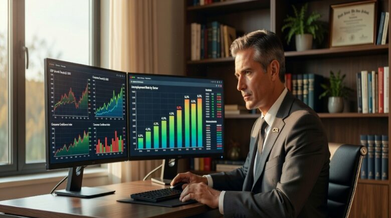 Professional investor studying economic indicator charts on dual monitors at modern home office desk