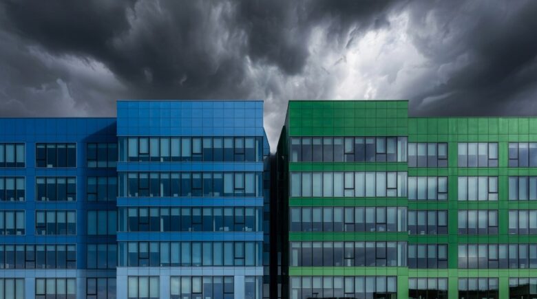 Corporate building split in two representing Sallie Mae and Navient company separation