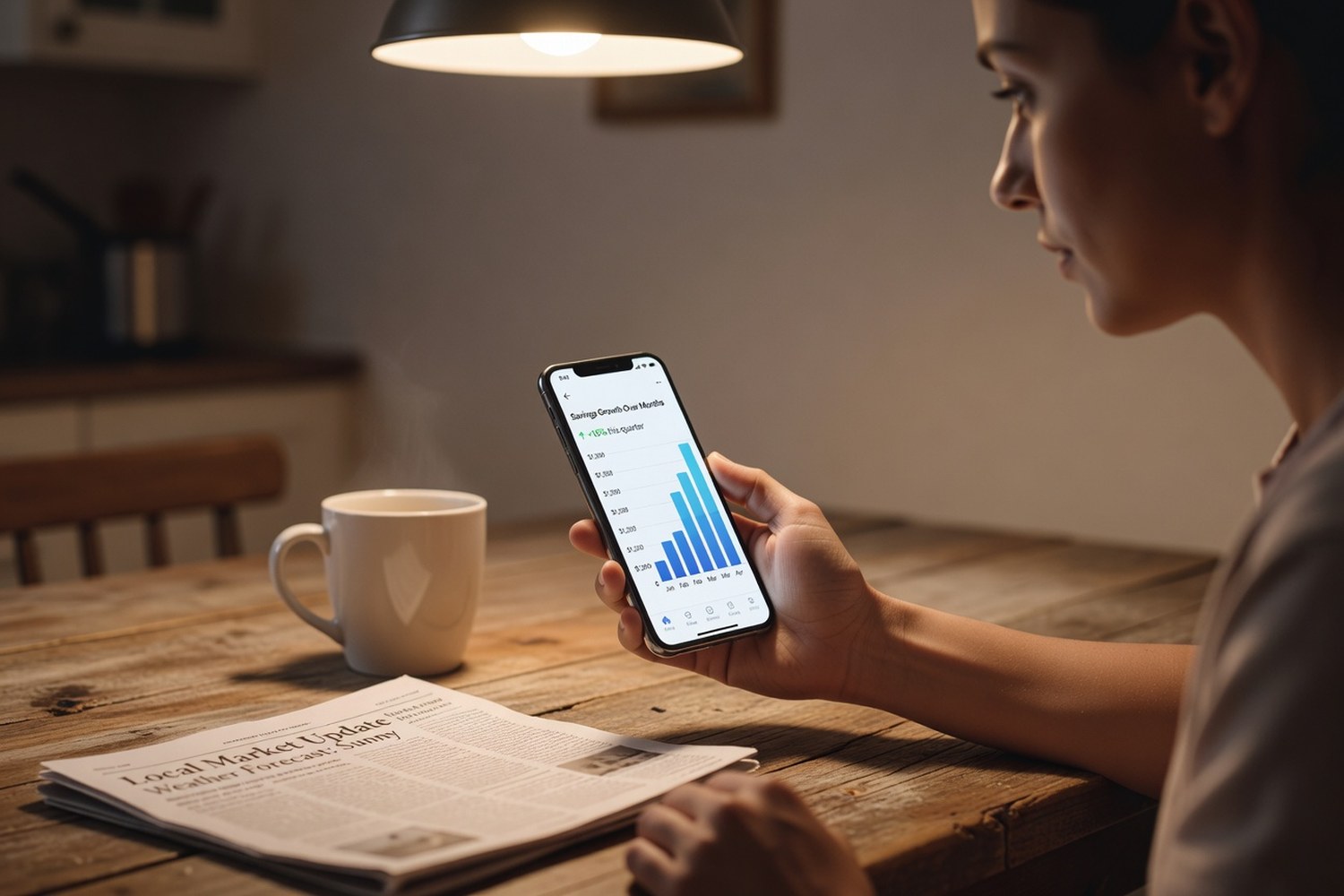 Person checking growing emergency fund balance on banking app at kitchen table