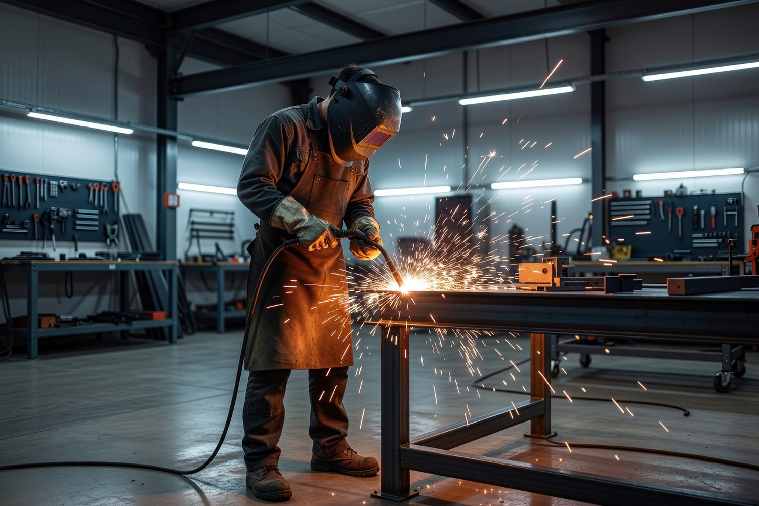 Skilled tradesperson welding in professional workshop as alternative to college degree path