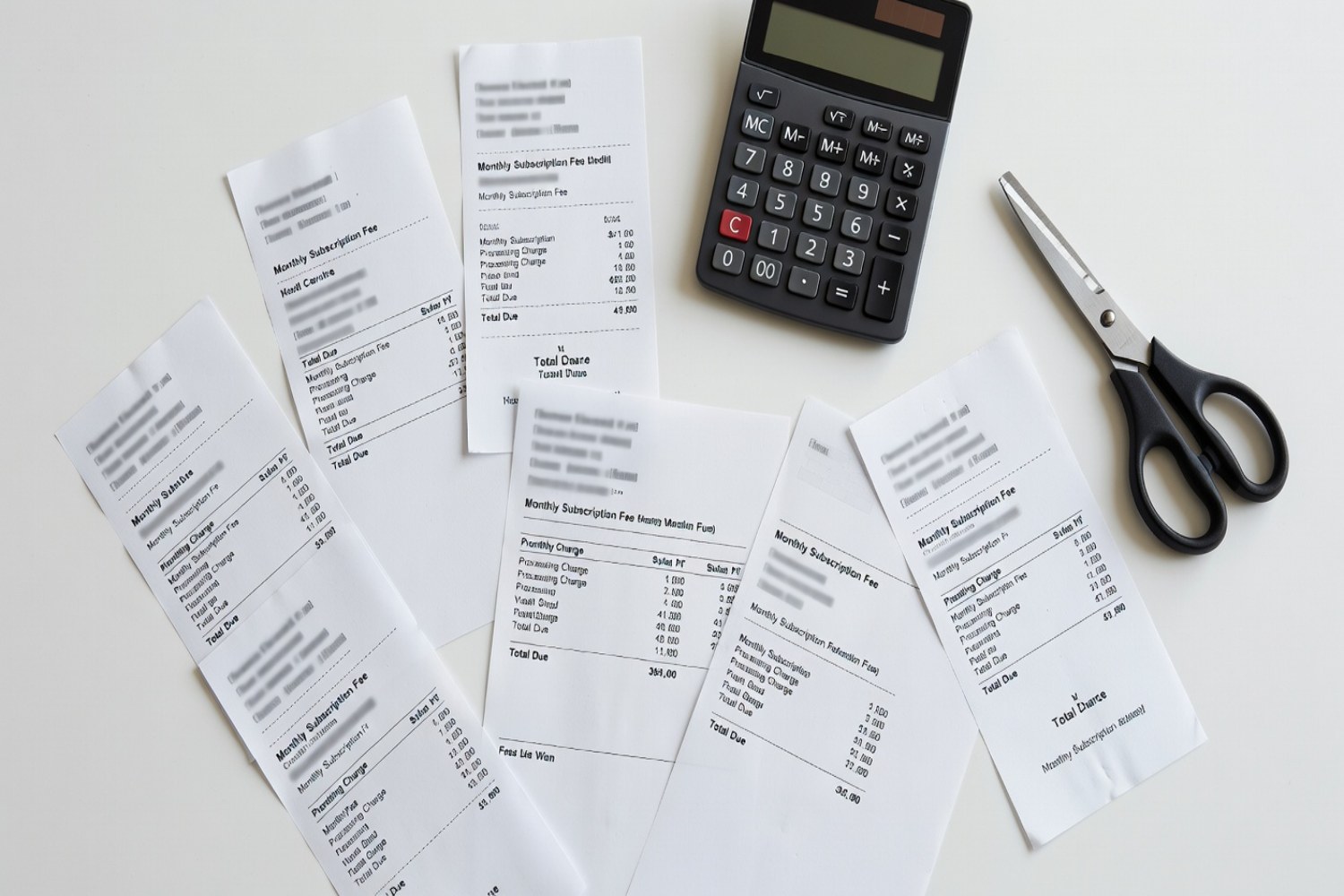 Streaming service subscription receipts and credit card statements flat-lay with calculator and scissors on white desk