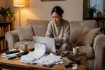 Young woman reviewing streaming subscription bills on laptop surrounded by remote controls in living room