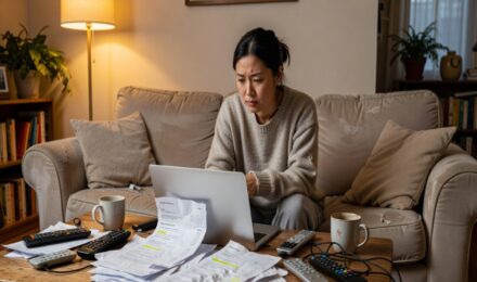 Young woman reviewing streaming subscription bills on laptop surrounded by remote controls in living room