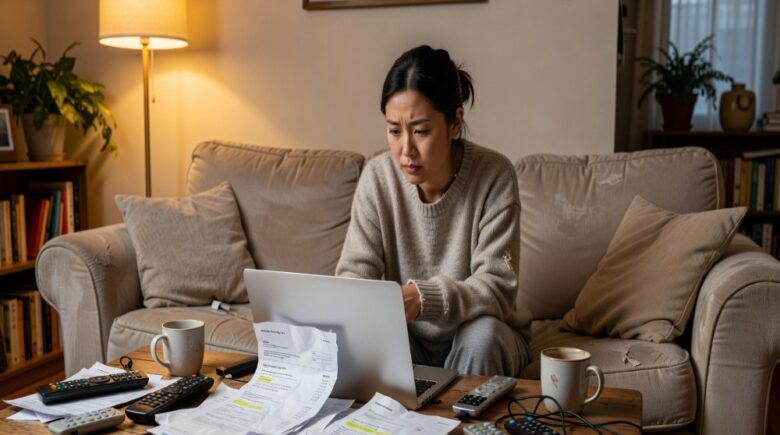 Young woman reviewing streaming subscription bills on laptop surrounded by remote controls in living room
