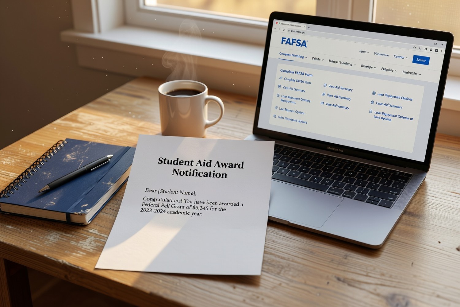 Student aid award letter and StudentAid.gov website showing federal loan details