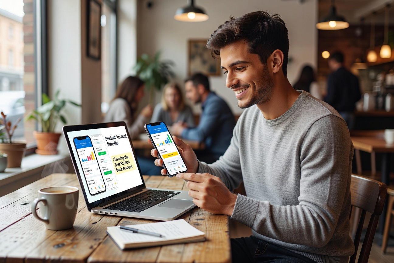 student comparing no fee bank accounts online mobile banking