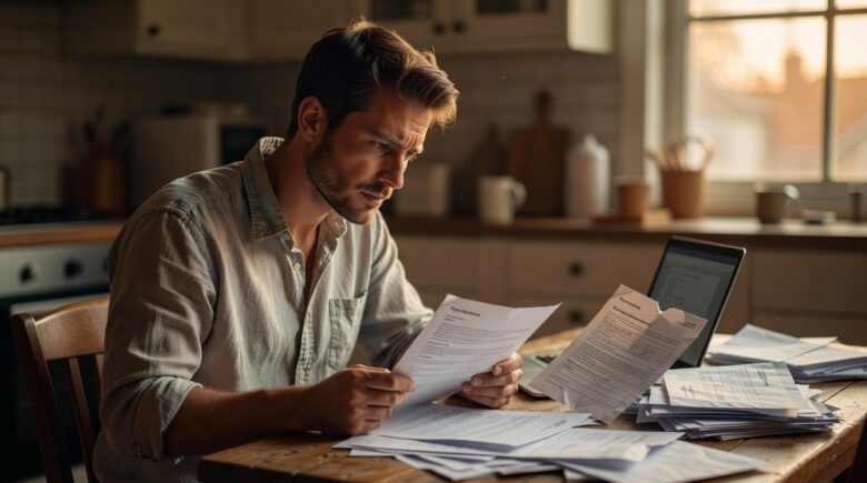 Person reviewing student loan debt collection notices and official mail at kitchen table