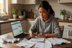 Determined young Asian woman calculating student loan payoff strategy at kitchen table with statements and laptop