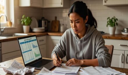 Determined young Asian woman calculating student loan payoff strategy at kitchen table with statements and laptop