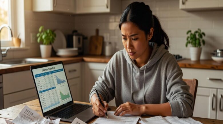 Determined young Asian woman calculating student loan payoff strategy at kitchen table with statements and laptop