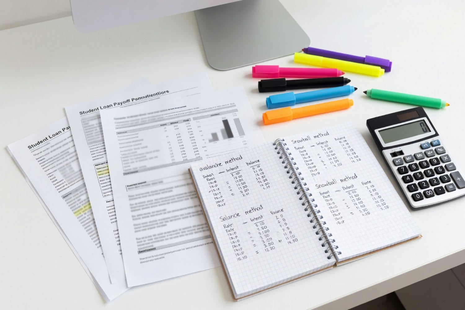 Student loan payoff documents avalanche snowball strategy notebook calculator flat-lay on white desk