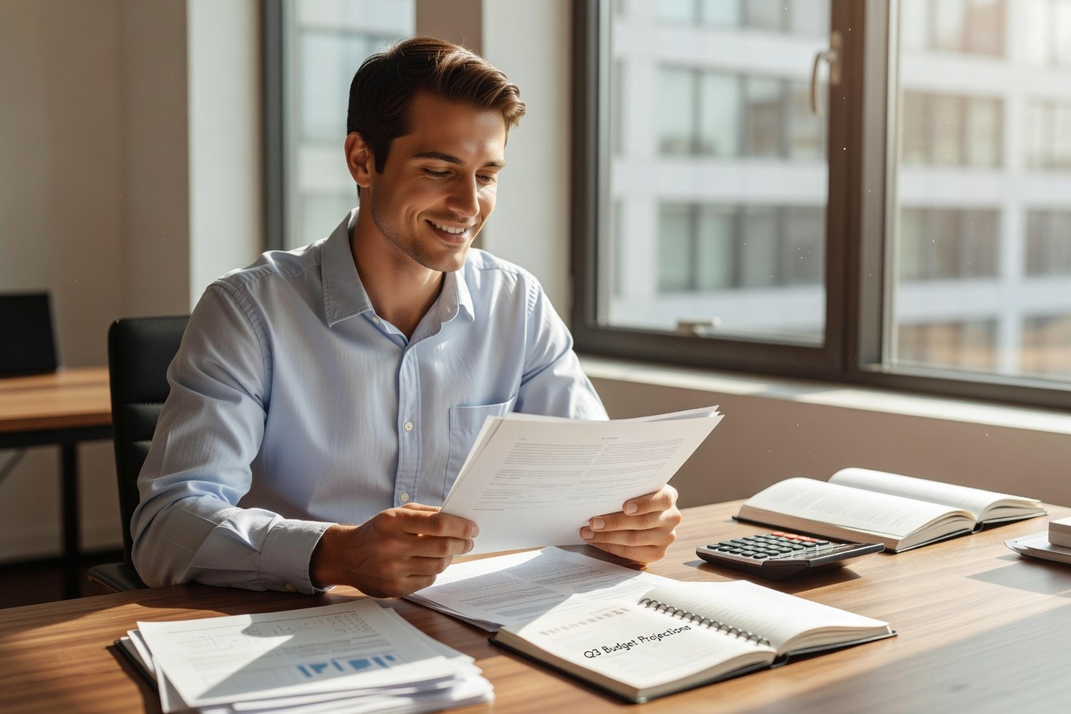 Young man organizing student loan repayment plan at desk with relieved expression
