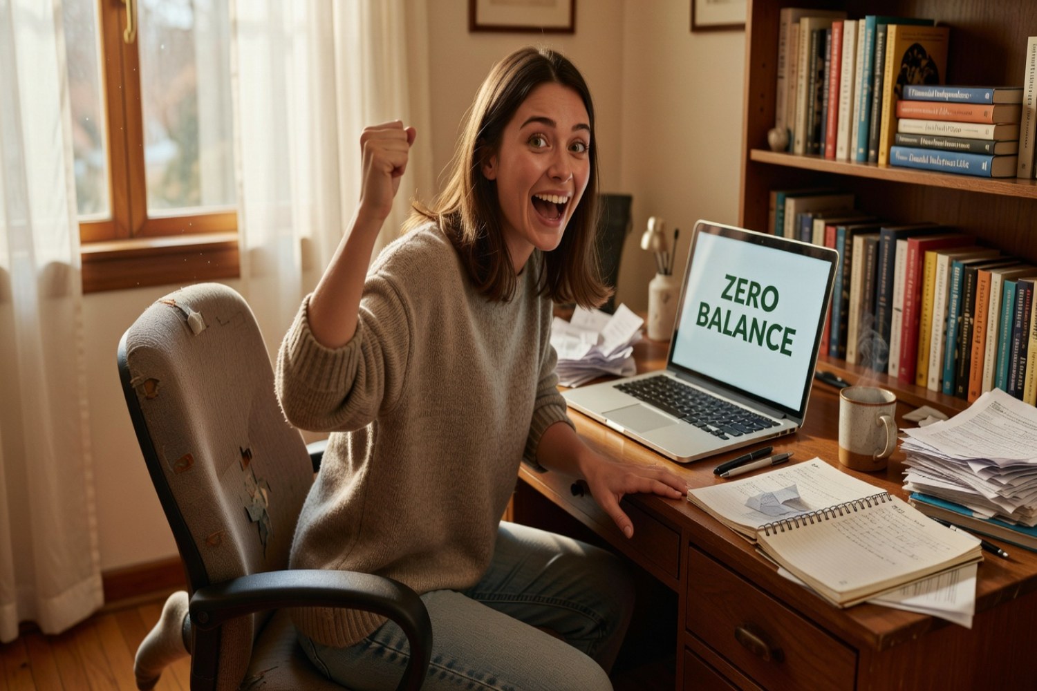 Millennial woman celebrating student loan zero balance on laptop at home office debt freedom moment