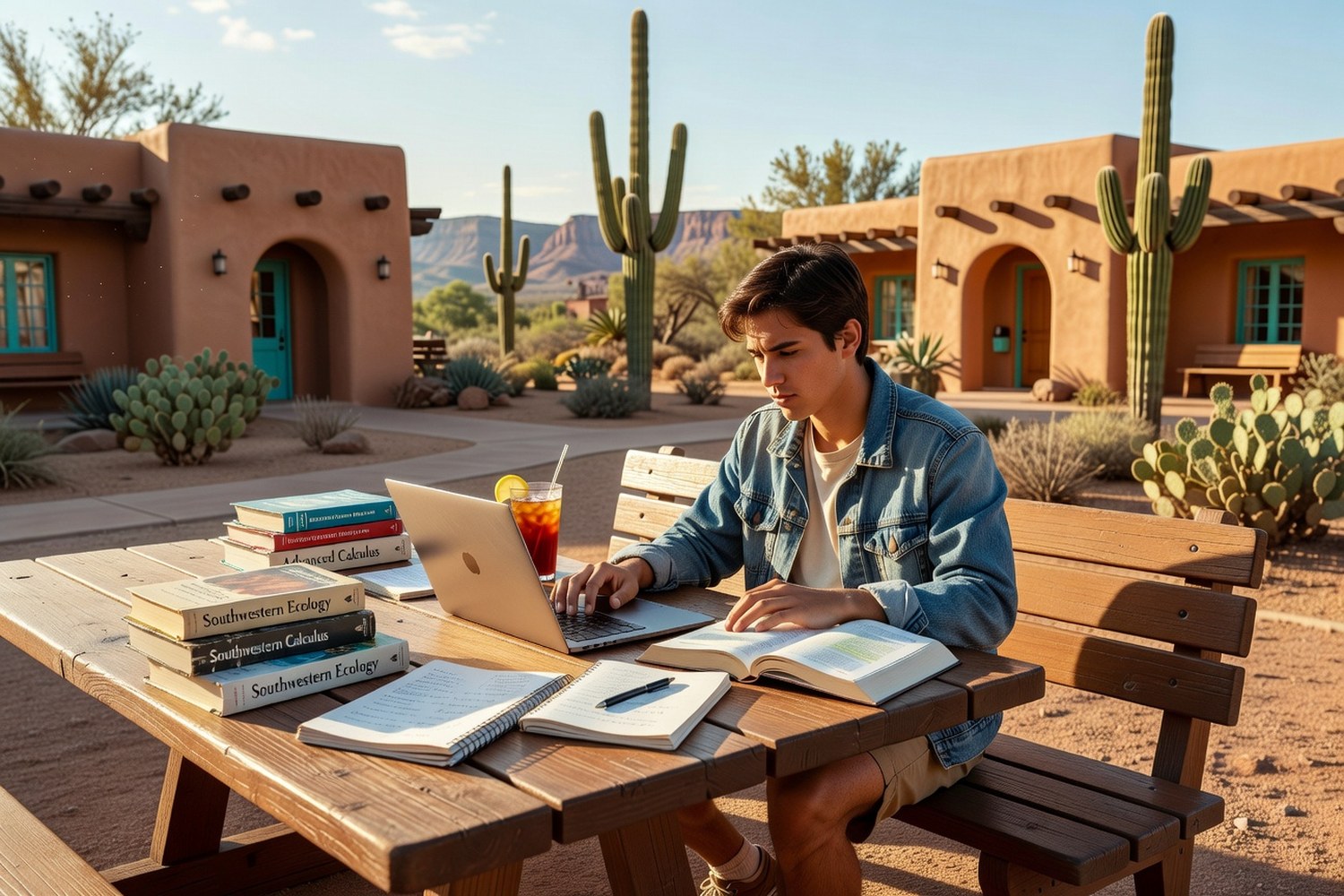 Student studying outdoors at western university campus with desert landscape