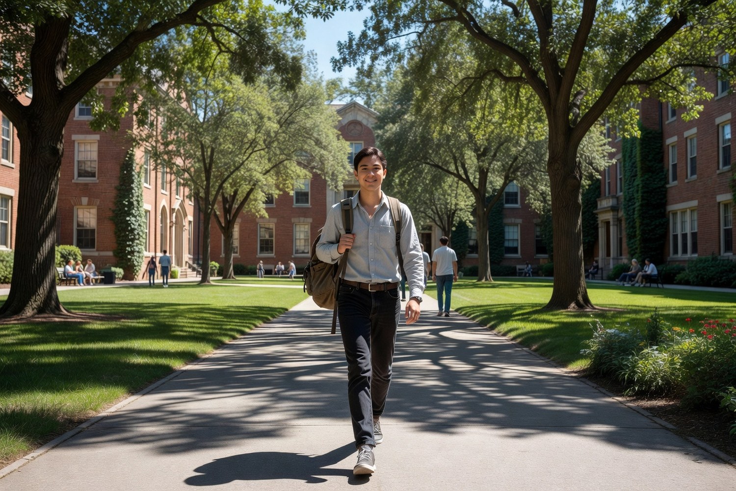 Student walking confidently across university campus after securing federal education loans
