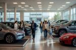 Car shoppers browsing vehicles at a modern dealership showroom representing the subprime auto loan market