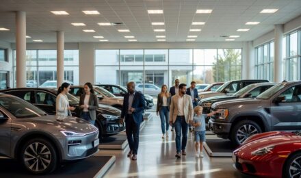 Car shoppers browsing vehicles at a modern dealership showroom representing the subprime auto loan market
