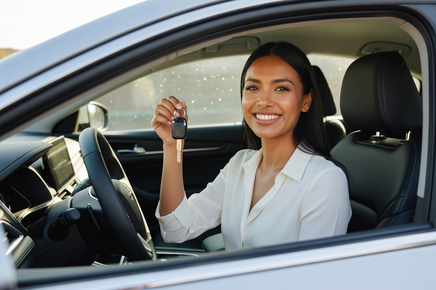 Woman smiling while sitting in newly purchased car holding keys after subprime auto loan approval
