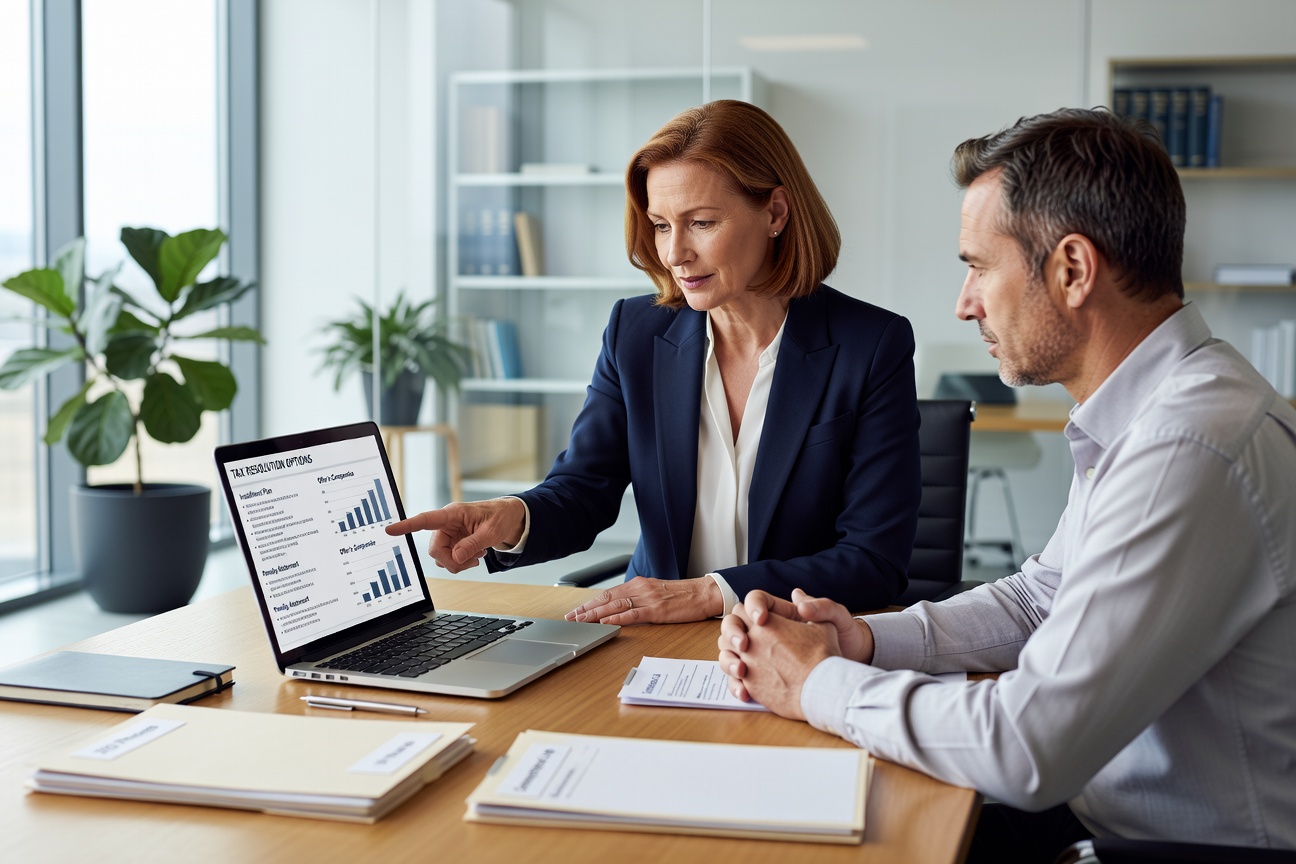 tax professional reviewing IRS lien resolution options with client