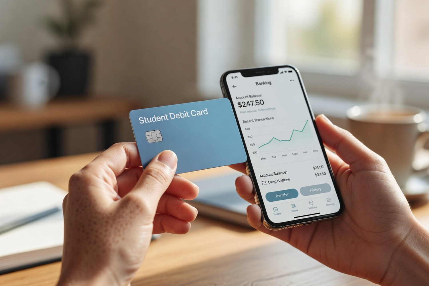 Teenager holding student debit card and checking banking app