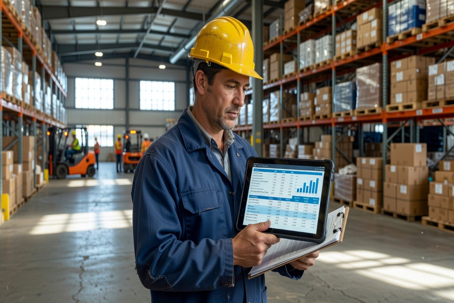 Warehouse manager reviewing cost spreadsheets on tablet in industrial facility supply chain pricing context