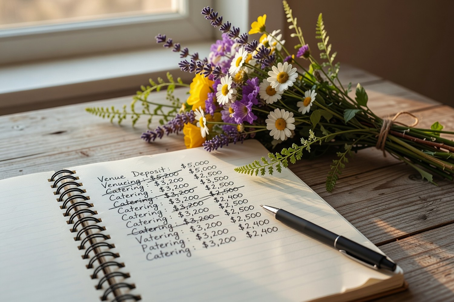 Handwritten wedding budget notebook with costs being revised downward next to wildflowers