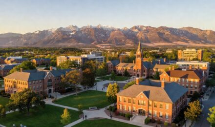 Scenic western US university campus with mountains in background