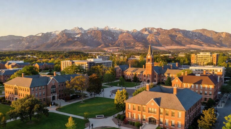 Scenic western US university campus with mountains in background
