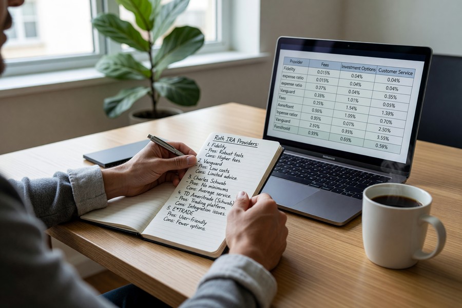 Side-by-side comparison of Roth IRA provider interfaces on desktop and mobile