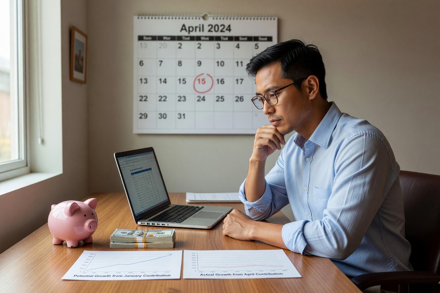 Bar chart comparing Roth IRA growth from early versus late annual contributions over 30 years